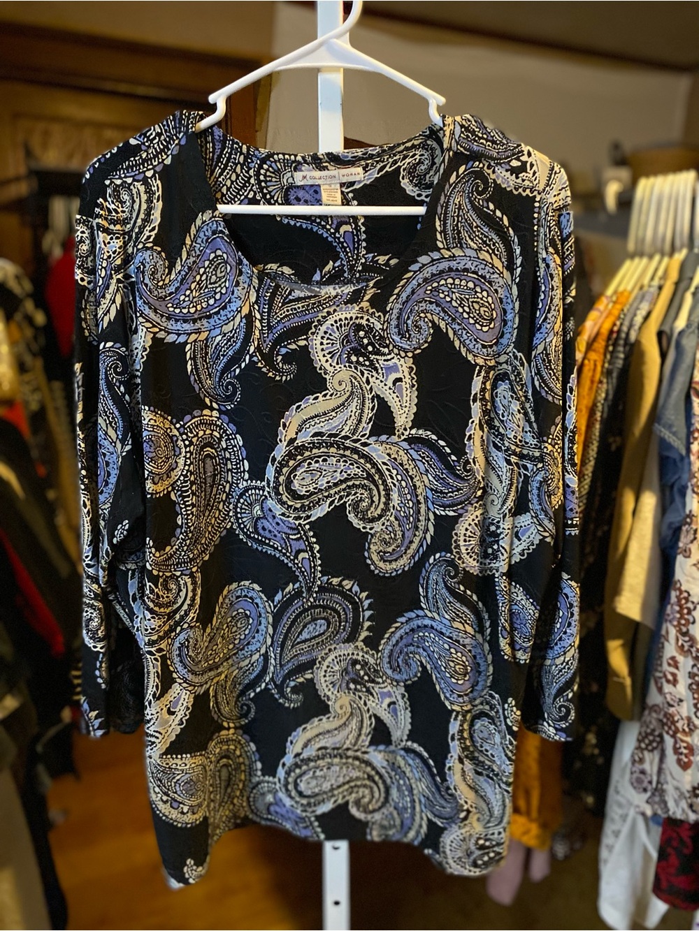 JM Collection Black Paisley Print Blouse with Blue and Cream Accents